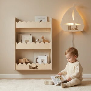 Houtenwandlamp Boot gepersonaliseerd met naam optie en houten boekenrek met naam