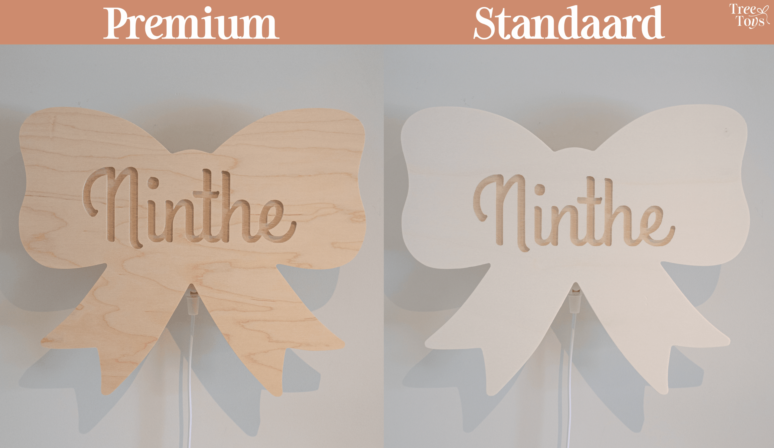 Wandlamp strikje met naam, premium of standaard hout optie